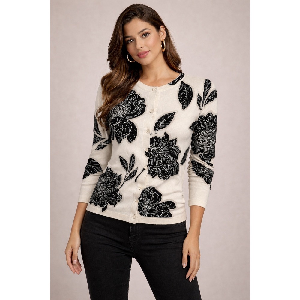 Susan Graver Weekend Printed‎ Button Front Sweater Cardigan Floral Size XXS